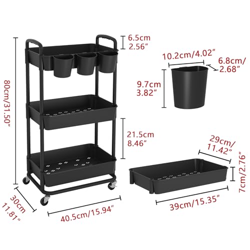 JIUYOTREE 3-Tier Plastic Rolling Storage Cart Utility Cart with Extra Hanging Cups Handles Lockable Wheels for Living Room Bathroom Kitchen Office Black - color: Black, size: 3-Tier