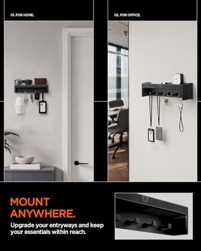 Spigen Key Holder Wall Mount with Adhesive Hooks and Organizer Tray for Wallet, Watch, Sunglasses – Entryway Shelf Rack for Door, Home, or Living Room – Black - style: Key Holder
