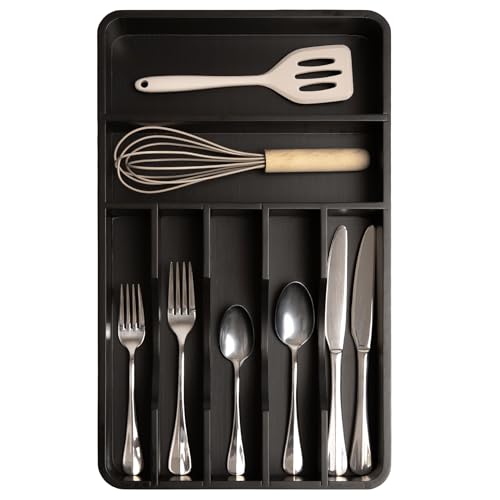KitchenEdge Silverware Organizer - Cutlery, Flatware, and Utensil Holder for Kitchen Drawers, Fixed 10.5” Width, 7 Storage Compartments, Non-Slip Feet, Rounded Corners, 100% Bamboo, Black Finish - color: Black Bamboo