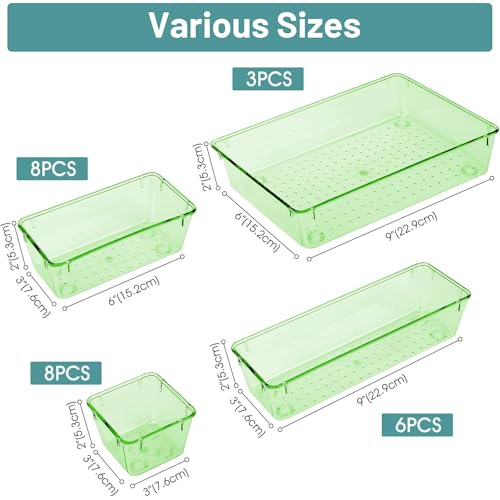 WOWBOX 25 PCS Plastic Drawer Organizer Set, 4 Sizes Desk Drawer Divider Organizers and Storage Bins for Makeup, Jewelry, Gadgets for Kitchen, Bedroom, Bathroom, Office, Clear Green - color: Clear Green