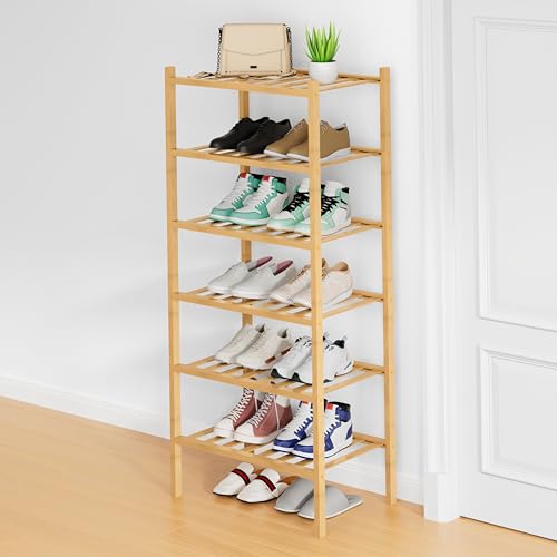 Smiry Shoe Rack, 6 Tier Small Bamboo Shoe Organizer, Stackable Free Standing Wooden Shoe Storage Shelf for Closet, Entryway, Front Door Entrance, Natural - color: Natural, size: 17.32" Wide - 6 Tier - Regular