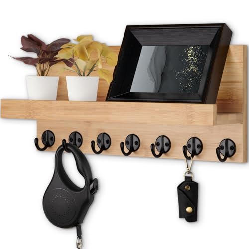 Lwenki Key Holder Wall Mount, Entryway Key and Mail Holder with 7 Sturdy Hooks for Sunglasses, Dog Leash, Decorative Wall Shelf with Mounting Hardware, 15”W x 6.7”H x 4.2”D - color: Bamboo