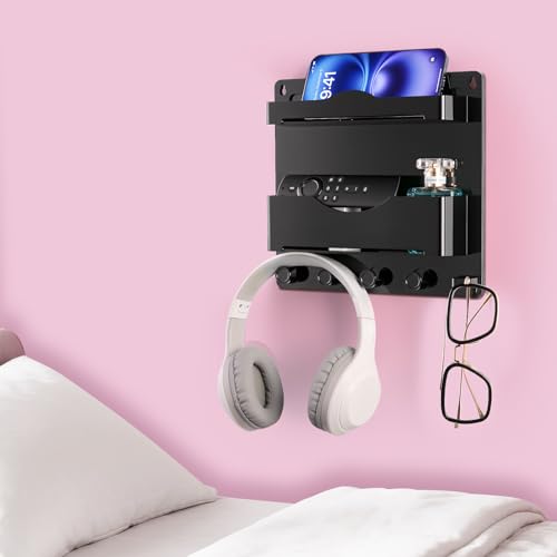 Bedside Wall Shelf with Glasses Hooks ，Adhesive Bedside Organizer Wall Mount for Dorm and Room Accessories Phone，Remote，Earphone， Kindle (Black) - color: Black