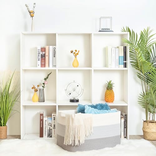 MINTWOOD Design 22in Extra Large Blanket Basket Holder Living Room, Rectangle Rope Woven Storage Basket with Handles for Laundry, Pool Towels, and Shoes, Dog Toy Organizer Bin Box, 3-Tone Light Gray - color: 3-Tone Light Gray