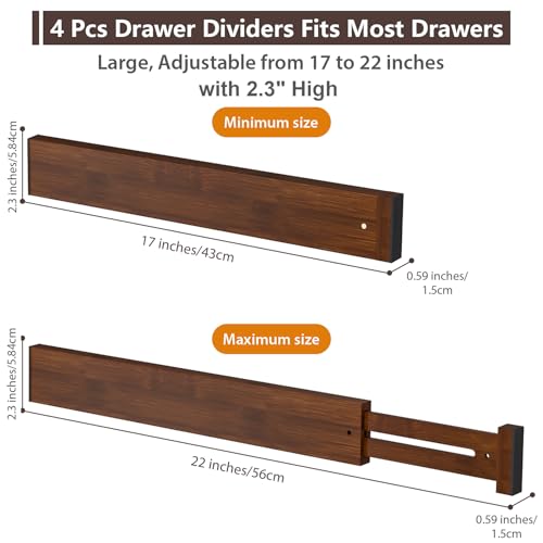 DUCOO 4 PCS Drawer Divider, 17"-22" Adjustable Bamboo Drawer Dividers Organizers, 2.3" High Expandable Separators for Kitchen, Clothes, Dressers, Home, Office, Mocha - color: Mocha