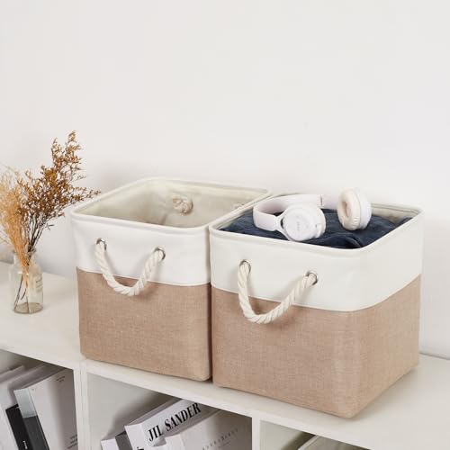 11 x 11 Inch Storage Cubes, 6 Pack Large Collapsible Fabric Storage Bin with Ropes, Foldable Storage Cubes for Home, Office,Closet, Clothes, Toys Organizer (White&Beige) - color: White&Beige, size: Cube - 11 x 11 x 11 inches (6 Pack)