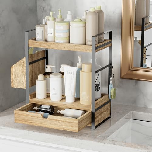 Kottwca 2-Tier Bathroom Counter Organizer with Drawer, Basket & Hooks, Wooden Vanity Shelf for Skincare, Perfume & Makeup Storage(Light Brown) - color: Light Brown