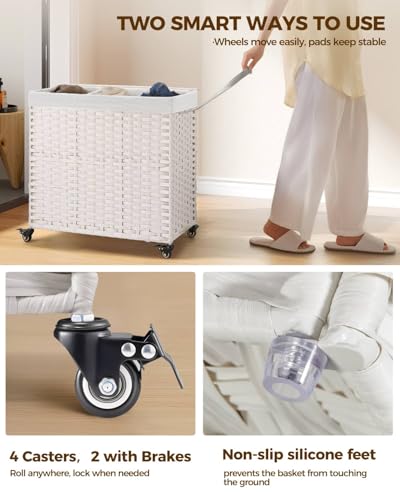 Greenstell Laundry Hamper with Wheels&Lid,130L Large 3 Sections Clothes Hamper with 2 Types Removable Liner Bags, 5 Mesh Laundry Bags, Handwoven Divided Laundry Basket White - color: White, size: 130L: 25.6x13.0x25.7 Inches