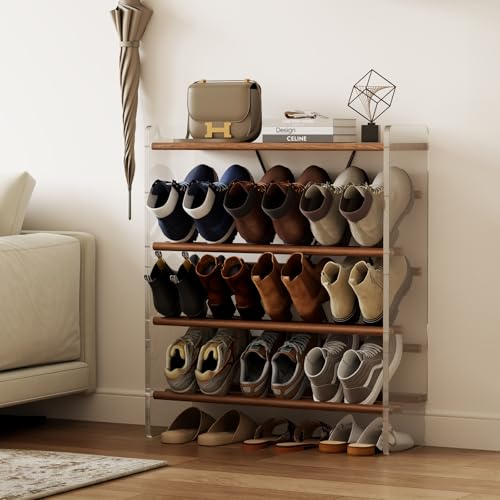 Shoe Rack, 4-Tier Slanted Shoe Storage Shelf, Narrow Shoe Rack for Entryway, Solid Wood and Acrylic Shoe Stand, Slim Shoe Shelf with Wooden Top ，Suitable for Bedrooms and Living Rooms - size: 72