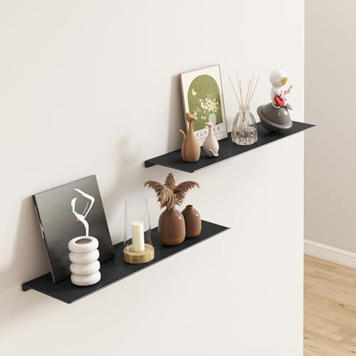 MKO 16" Floating Shelves for Wall, Long Metal Wall Mounted Shelf for Bathroom, Bedroom, Living Room, Kitchen, Display Hanging Shelves for Books/Storage/Room Decor 2 Packs, Black - color: Black, size: 16 IN