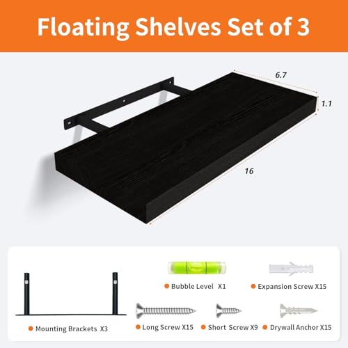 Upassion Floating Shelves for Wall Set of 3, 16" Black Wall Shelves for Home Decor, Frame Display Floating Shelf for Living Room, Bedroom, Bathroom, Kitchen - color: Black, size: 16 Inch