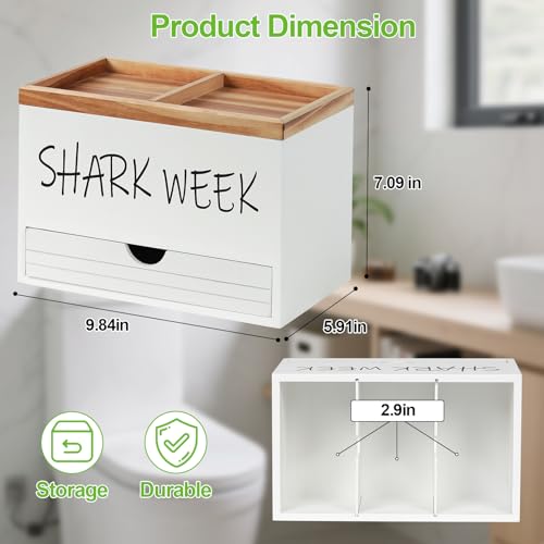 Tampon Holder for Bathroom, Feminine Product Organizer with Lid and Drawer, Wood Shark Week Tampon Storage, Lady Stuff Box for Bathroom Accessories and Toilet Organizer