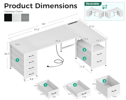 Coleshome L Shaped Computer Desk with 6 Drawers & Power Outlet, 63 Inch Office Desk with Reversible Storage Shelf & File Drawer, Home Office Desk, White - color: White, size: 63 Inch