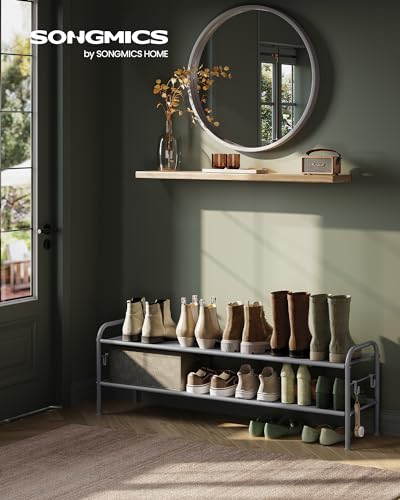 SONGMICS Shoe Rack, 2-Tier Shoe Organizer, Fabric Shoe Shelf Storage with 4 Hooks, Holds up to 12 Pairs of Shoes, Height-Adjustable Shoe Rack for Entryway, Hallway, Closet, Easy Assembly, Dove Gray - color: Dove Gray, size: 2 Tier (13.7"H)