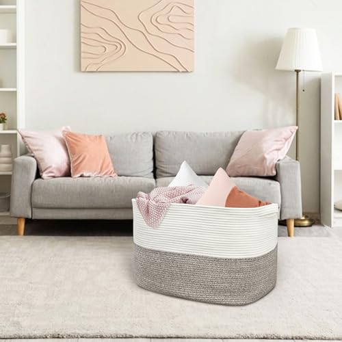 MEGASKET XXXXL Rope Basket for Blankets, 25" x 16" x 16"(108L) Rectangle Blanket Basket Living Room, Extra Large Wicker Woven Blanket Pillow Storage Basket, Kids Dog Toy Basket Storage Bins Organizer - color: White & Light Brown, size: 25"x16"x16"