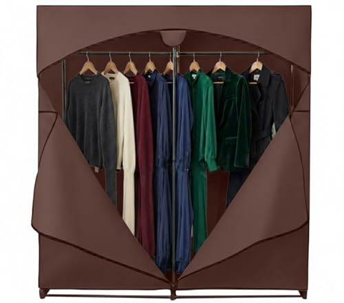 HOLDN’ STORAGE Portable Wardrobe Closet - 65 lb Large Capacity, Internal Heavy Duty Metal Rod, Zipper & Clear Window, Durable Clothes Organizer, Tool-Free Easy Assembly, Brown Canvas Cover - color: Brown, size: Large