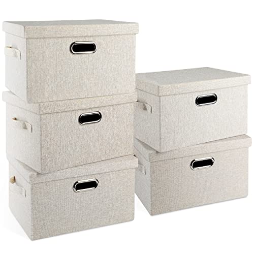 Graciadeco Medium 15" 21 Quart Collapsible Stackable Storage Bins with Lids, 5 Packs Beige Foldable Fabric Closet Boxes Heavy-duty Linen Cube Baskets Container for Bedroom Office (15 x 11 x 8) - color: Beige, size: Medium -5 Pack