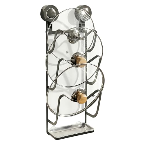 Pot Lid Organizer with Suction Cup and Drip Tray, 3 Tier Carbon Steel Kitchen Pot Lid Holder for Wall, Space Saving Lid Storage Rack for Pots and Pans