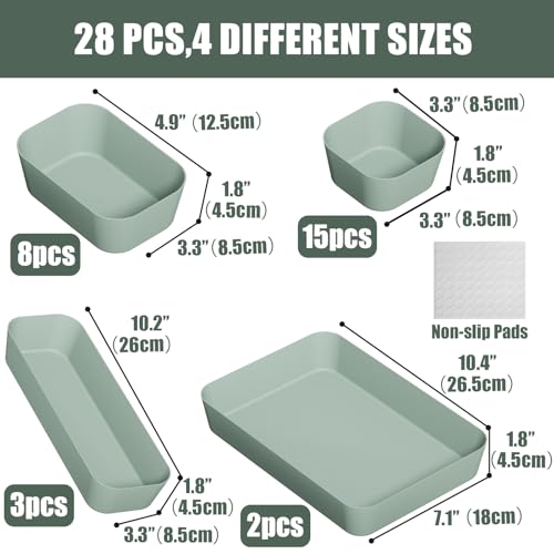28 pcs Desk Drawer Organizer Tray, Multiple Sizes Plastic Drawer Organizer Storage, Stackable Organizer Containers For Makeup, Bedroom, Kitchen Gadgets Utensils and Office - color: Green, size: 28pcs