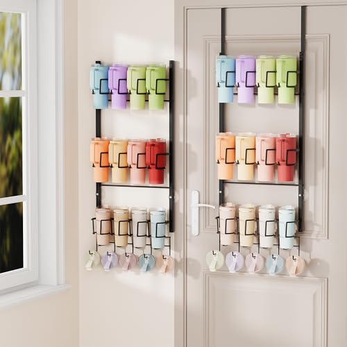 SWTYMIKI 3-Tier Water Bottle Organizer - Over the Door Stanley Cup Holder - Cup Rack with Hooks for Door or Wall Mount Option- Tumbler Organizer Storage Display for Kitchen Dorm Office RV, Black - color: Black, size: 3-Tier