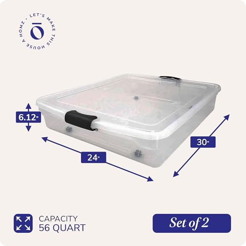 HOMZ 2-Pack Under Bed Storage, Clear Plastic Containers with Lids, 56 Quart, Gray Latch - Stackable Underbed Organizer Bins for Shoes, Bags, Clothes, and Towels - color: Gray, size: 56 Quart