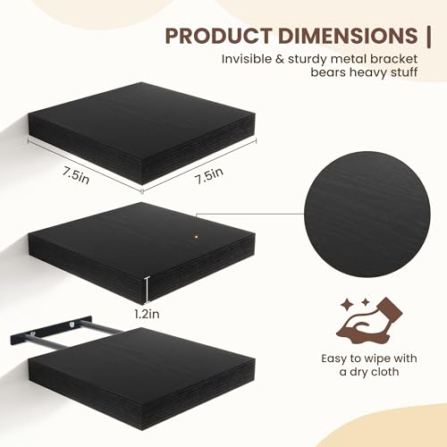 Fun Memories Floating Shelves for Wall - 7.5 Inch Square Shelves with Invisible Brackets, Black Small Wall Shelf for Living Room, Bathroom, Bedroom, and Kitchen Decor Black Set of 3 - color: Black, size: 7.5"W x 7.5"D - 3P