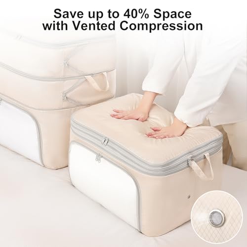 Comforter Storage Bag - 130L Blanket Storage Bags Front-opening Ultra Space Saving Self Compression Organizer, Washable Compression Bags for Storage Comforter Blanket, 1 Pack, Beige - color: Beige, size: 130L