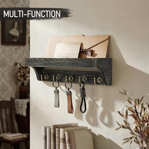 Rebee Vision Farmhouse Key Holder Wall Mount – Rustic Key Holder for Wall with Shelf for Plants & Small Home Decor – Stylish Entryway Organizer for Home & Apartment (Old Black) - color: Old Black