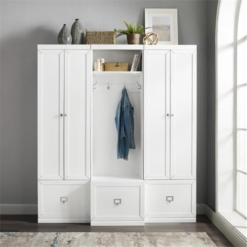 BOWERY HILL 3-Piece Modern Wood Entryway Set, 74 in H x 66 in W x 16.38 in D, MDF and Birch Veneer, White Finish, Includes Hall Tree with Hooks and 2 Pantry Closets, Modular Storage for Home