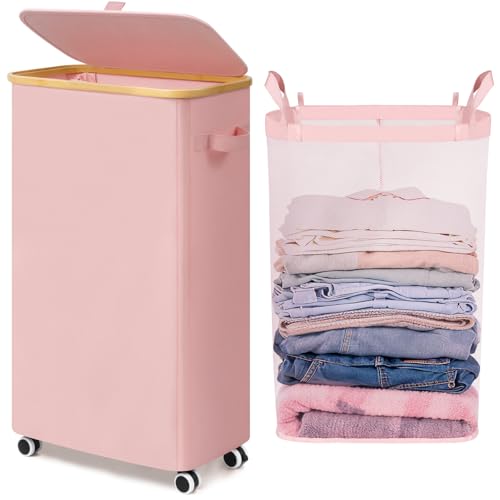 Goodpick Slim Laundry Basket with Wheels and Lid, 75L Tall Laundry Hamper with Bamboo Frame Removable Bag, Collapsible Clothes Hamper for Dorm Home Decor, Pink, 17" x 9.8" x 29.5" - color: Pink, size: 75L (17"L x 9.8"W x 29.5"H)