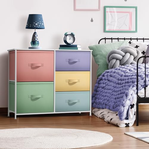 Sorbus Kids Dresser with 5 Drawers - Storage Chest Organizer Unit with Steel Frame, Wood Top & Handles, Tie-dye Fabric Bins for Clothes - Wide Furniture for Bedroom Hallway Kids Room Nursery & Closet - color: Pastel/White, style: 5-Drawer