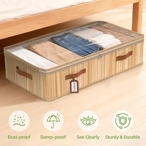 Livole Bamboo Under Bed Storage, 6 inches Underbed Storage Containers, 56L XXL Under Bed Storage Bins with Clear Lid & Label for Clothes, Blankets, Sweater, Shoes, 1 Pack - size: Standard - 6"H