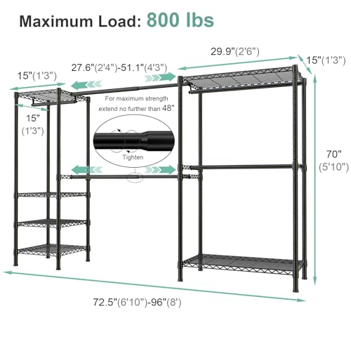 SEMHOR E01 Expandable Heavy Duty Clothes Rack, Free Standing Closet System Organizer, Adjustable Portable Carbon Steel Garment & Clothing Racks for Hanging Clothes (72.5-96"), 800LBS Max Load, Black - color: Black
