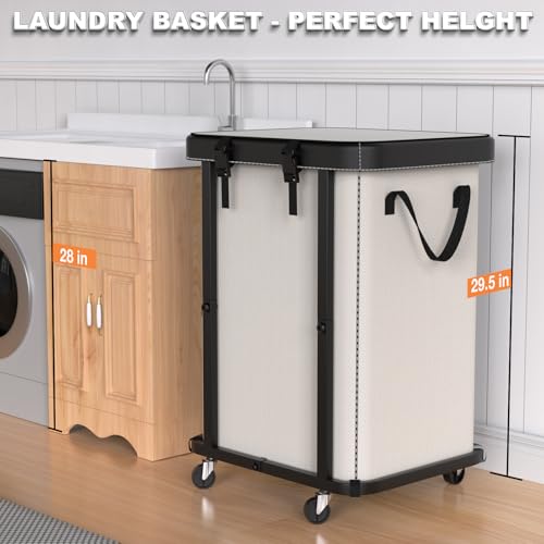 150L (40 Gal) Large Fashion Laundry Basket with Wheels, Leather Patchwork Rolling Hamper Carts, Sturdy Metal Frame, Removable Washable Bag, Tall Clothes Sorter for Bedroom, Laundry Room - Beige - color: Beige, size: 1 Section-150L