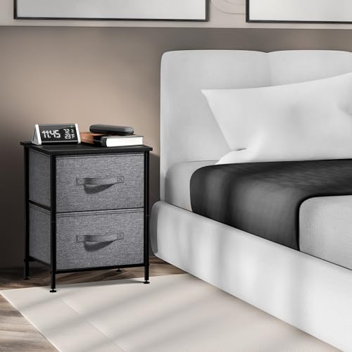 Sorbus Nightstand with 2 Drawers - Bedside Furniture End Table Night Stand with Steel Frame, Wood Top & Easy Pull Fabric Bins - Small Dresser & Chest for Home, Bedroom Accessories & Office - color: Black, style: 2 Drawer