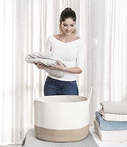 OrganiHaus Large Woven Storage Basket for Blankets and Toys 20" x 13" Inch, Rope Laundry Basket with Handles, Cushions & Pillows Storage Bin, Nursery Hamper, Soft Round Dog Toy Bin - Honey/Off-White - color: Honey / Off-White, size: Wide