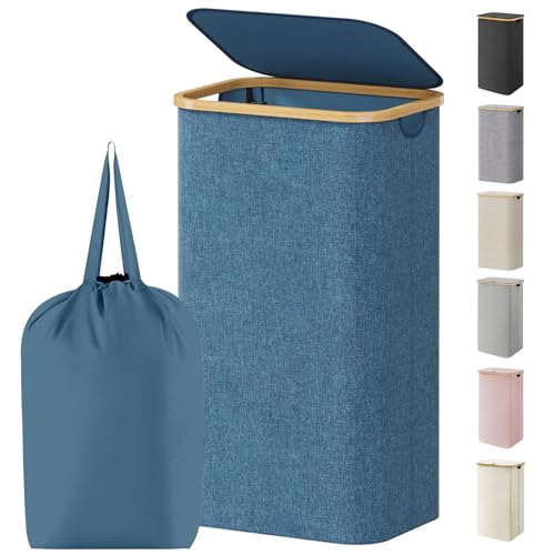 Lifewit 100L Laundry Basket with Lid, Clothes Hampers for Laundry with Bamboo Handles and 1 Removable Bag, Large Foldable Laundry Hamper for Bedroom, Bathroom, Dorm, Laundry Room, Dark Blue - color: Dark Blue, size: 100L