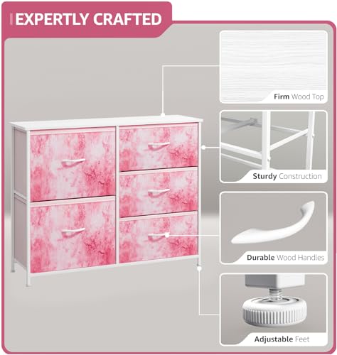 Sorbus Kids Dresser with 5 Drawers - Storage Chest Organizer Unit with Steel Frame, Wood Top & Handles, Tie-dye Fabric Bins for Clothes - Wide Furniture for Bedroom Hallway Kids Room Nursery & Closet - color: Pink Tie Dye, style: 5-Drawer