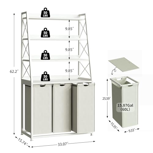 Herture Laundry Basket, 3 Section Laundry Hamper with 4 Tiers Shelf, Pull-Out and Removable Laundry Bags, Large 3 x 15.87 Gallons, for Laundry Room Bathroom White PF05XLW - color: White, size: 3 Bags-180 L