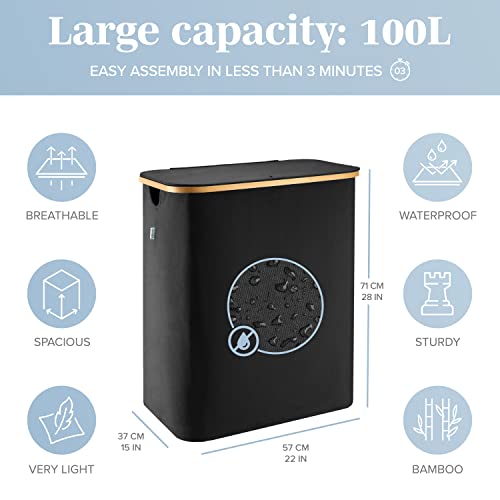LONBET Laundry Basket with Lid, Made from Breathable Fabric | Aesthetic Clothes Hampers for Laundry with Side Handles & Sturdy Bamboo Frame (40 Gallons - Double, Black) - color: Black, style: 40 Gallons - Double