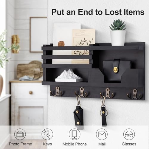Lwenki Mail and Key Holder for Wall – Decorative 15.9” x 8.7” x 3.2” Entryway Organizer with Shelf – Paulownia Wood with 4 Dual Hooks Includes Mounting Hardware and Installation Guide - color: Black