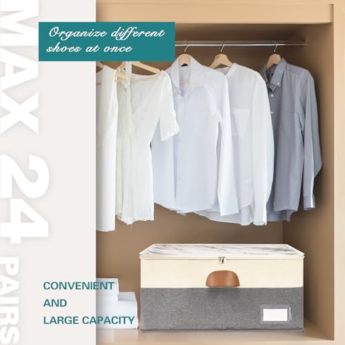 Shoe Organizer for Closet, Foldable Shoe Storage Bins with Clear Cover, Space Saving Shoes Holder with 4 Handles, Large Adjustable Shoe Box Storage Containers, Fits 12-24 Pairs, 1 Pack, Beige - color: Beige and Grey, size: (1 Pack) 25 ½"L x 17"W x 12 ½"H