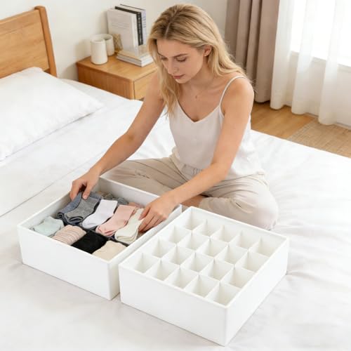 Sock Organizer Drawer Organizer,24 Compartment Foldable Storage,Closet Dividers for Underwear, Socks, Bras, Scarves, Ties, White - color: White