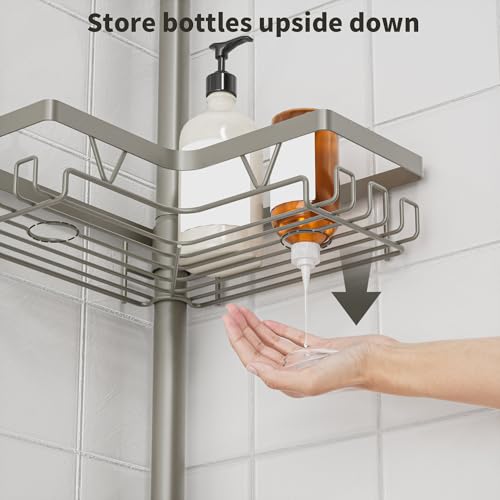 KEGII Shower Caddy Tension Pole, 4-Tier Rustproof Adjustable Corner Bathroom Organizer for Renters, 25–114.2 Inch No Drill Space-Saving Shower Storage Rack, Silver Gray - style: Tension Caddy（Silver Gray）