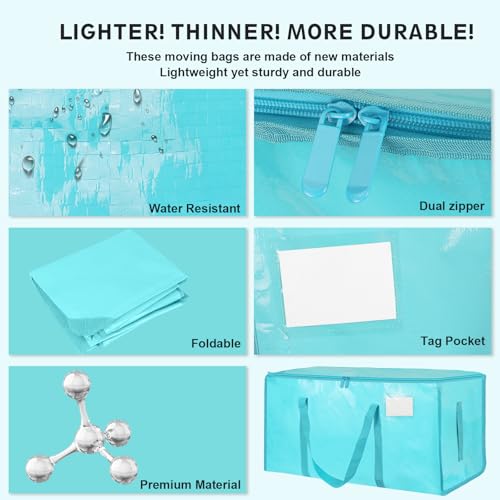 6 Pack-Extra Large Heavy Duty Moving Bags - Waterproof Storage Totes with Handles & Zippers, Foldable for College Dorm, Storage (lake blue) - color: lake blue, size: 6