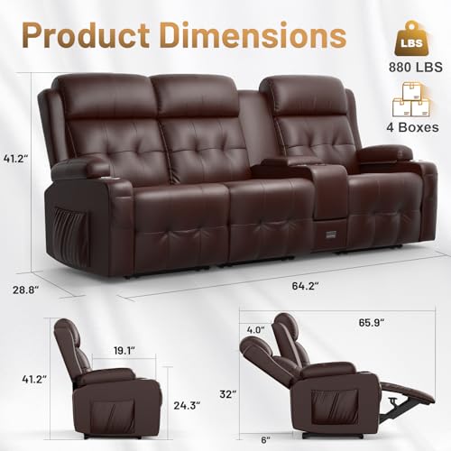 Recliner Sofa Set, Home Theater Seating Set with 3 Seater Reclining Couch & Single Chair, RV Wall Hugger Recliners Sofa Set with USB, Cup Holders & Storage Console, Movie Theater Seats for Living Room - color: Brown, size: 3-Seater + 1 Chair