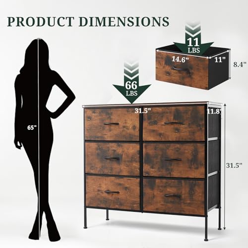 6-Drawer Dresser for Bedroom, Anti-Tip Wide Storage Organizer Chest of Drawers with Wooden Top and Metal Frame Fabric Bins for Closet, Living Room, Hallway, Entryway, Brown - color: Brown, size: 11.8"D x 31.5"W x 31.5"H (6 Drawers)