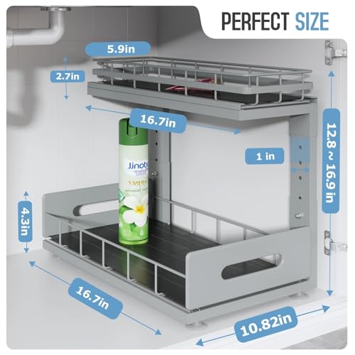 Under Sink Organizer Upgrade To Professional Rails,2-Tier Dual Pull Out Cabinet Storage,Height Adjustable Slide Out Drawers For Bathroom Kitchen,2 Pack-16.7"Dx12.8"-16.9"H,Gun Gray - color: Gun Gray, size: 2 Pack-16.7"Dx12.8"-16.9"H