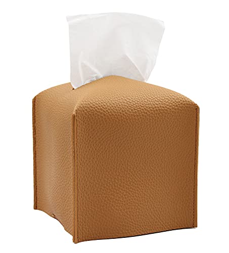 Livelab Tissue Box Cover, Modern Square Decorative PU Leather Facial Paper Case Organizer Holder Dispenser for Bathroom, Vanity Countertop, Night Stands, Desk, Car 5X5X5'' | Camel - color: Camel