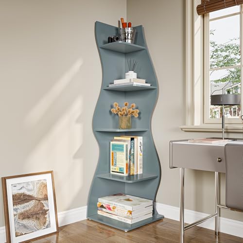 LITTLE TREE Small Corner Shelf, Modern 5-Tier Wall Corner Bookshelf, Stylish Bookcase Storage Rack for Small Space, Living Room, Bedroom, Blue, 1 Pack - color: Blue, size: 1 Pack